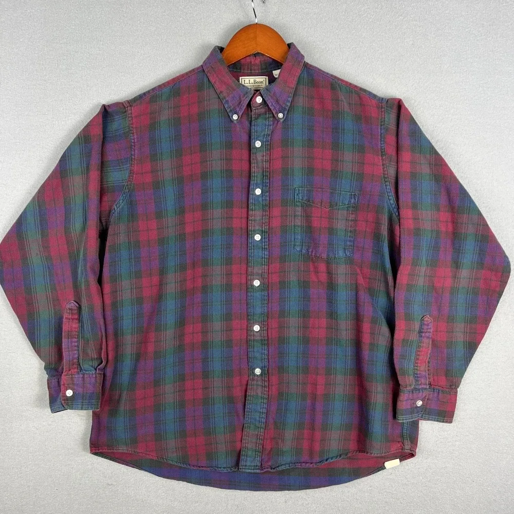 VTG LL Bean Northwoods Flannel Shirt Mens L Red Tartan Plaid Cotton 1990s USA‎